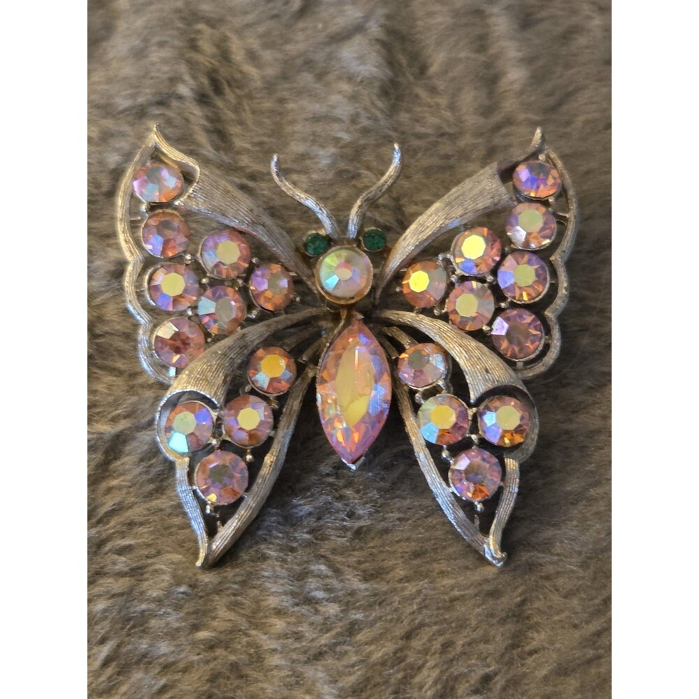 Coro Butterfly Brooch Pin Silver Tone Metal Pink AB Rhinestones